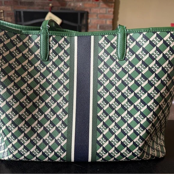 Tory Burch Green and Navy Tote - Picture 2 of 6